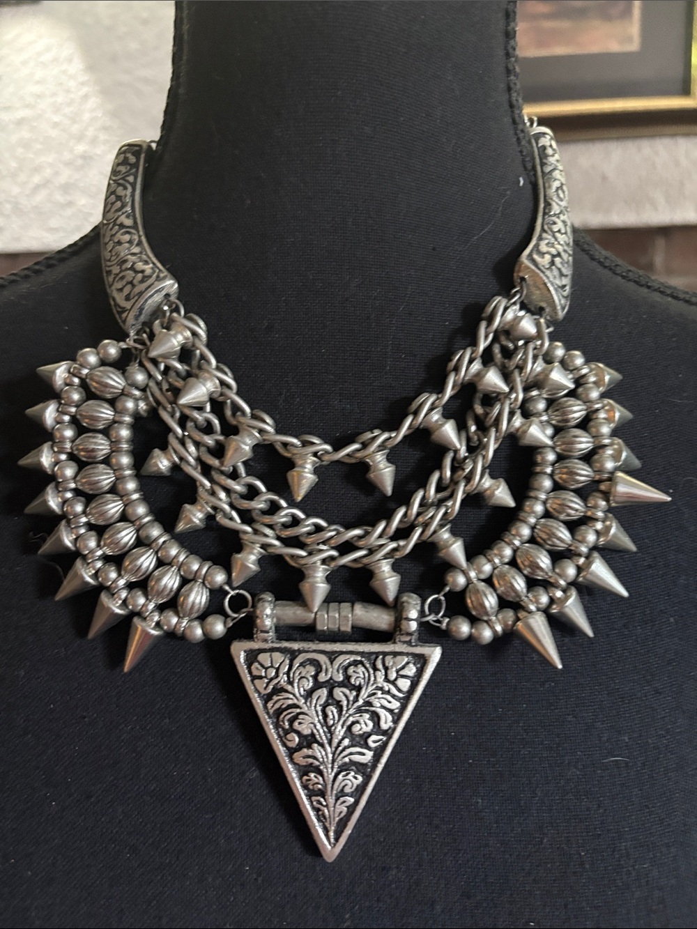 Zara Silver-Tone Ornate Triangle Statement Necklace